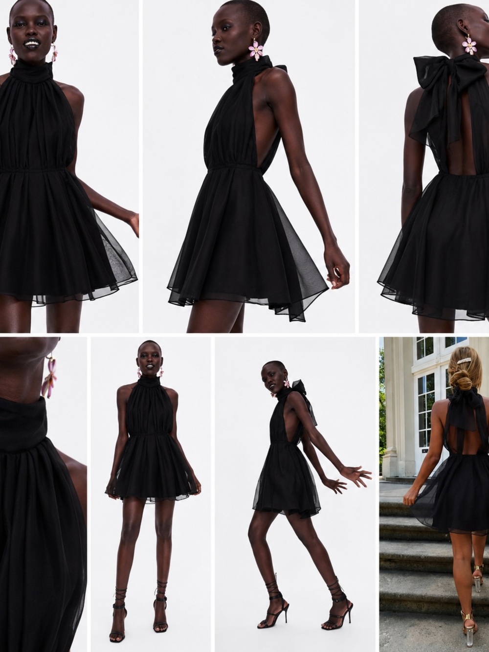 Zara Organza Black Backless Halter Mini Dress with Bow